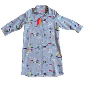 NWT Vilagallo Linen Shirt Dress Marlin Print Blue White Stripe Ocean 42 8/10